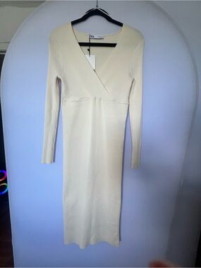 Zara Cream Ribbed Wrap-Style Long Sleeve Midi Dress